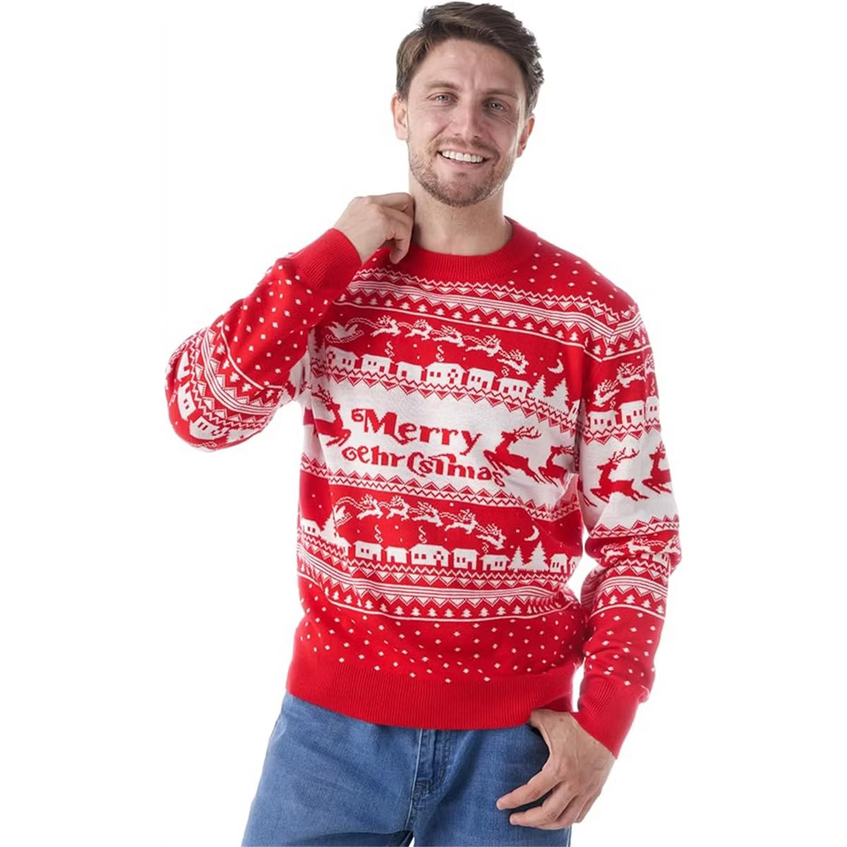 Joyfy Christmas Sweater, Red Family Matching Christmas Ugly Sweater, Cute Long Sleeve Knit Pullover for Men-L