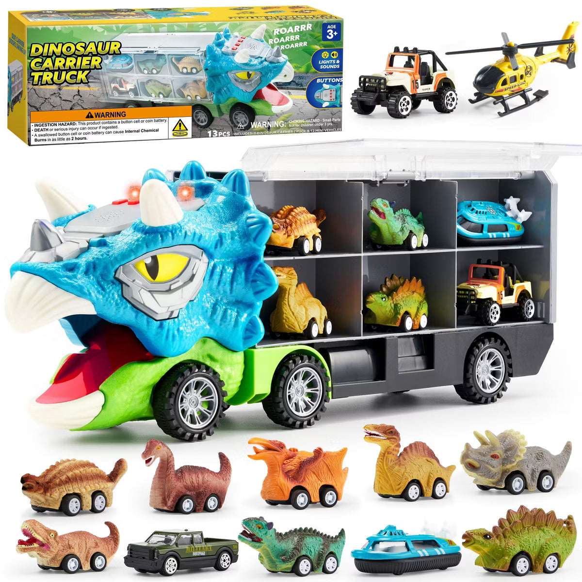 Joyfy 13 in 1 Dinosaur Truck Toys for Kids, Includes 12 Pull Back Cars, Dinosaur Monster Truck with Light & Sound, Birthday Gift for Boys Ages 3–5