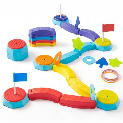 Joyfy 4-in-1 Balancing Beams & Stepping Stones for Toddlers Age 3+, Obstacle Course with Ring Toss & Flag Game, Non-Slip Indoor Outdoor Balance Play