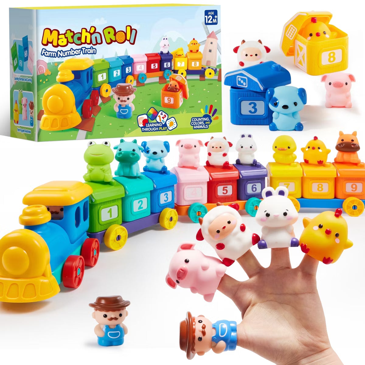 Joyfy Montessori Farm Number Train Toddler Learning Toy Set for 1 2 3 Years Old, Counting Sorting Toy, Christmas Birthday Gift for Baby Boys Girls