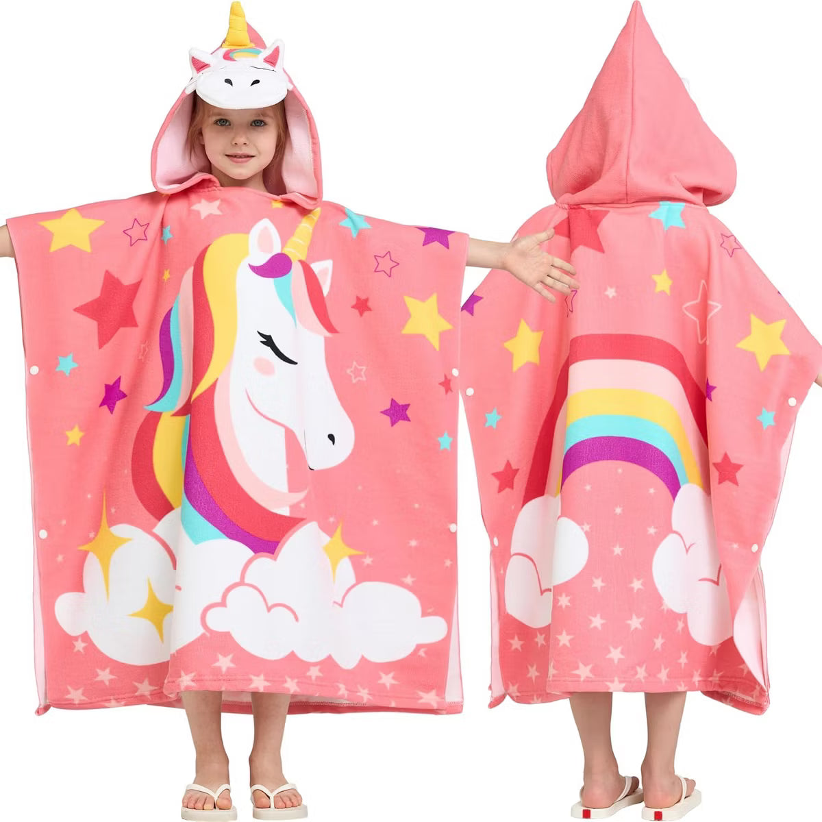 Joyfy Kids Beach Towels with Hood for 3-10 Years Unicorn Print Quick Dry Microfiber Swim Robe with Backpack Lightweight 24"x24" for Beach Pool
