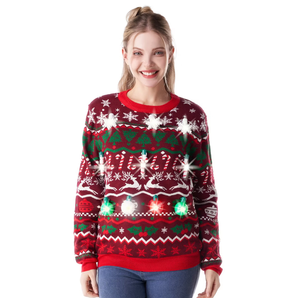 Joyfy Ugly Christmas Sweater for Women Built-in Bulbs LED Light Up Christmas Tree, Funny Christmas Party Sweater Women Red L