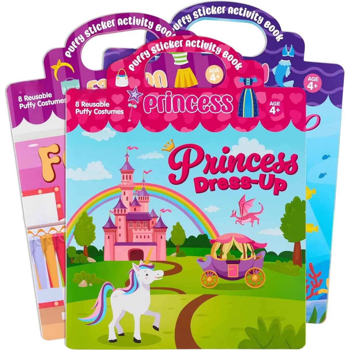 Joyfy 3 Set Puffy Sticker Activity Books - Dress-up, Princess Mermaid, 3D Reusable Sticker Books for Kids 3-6, Educational Sensory Learning Toy Crafts