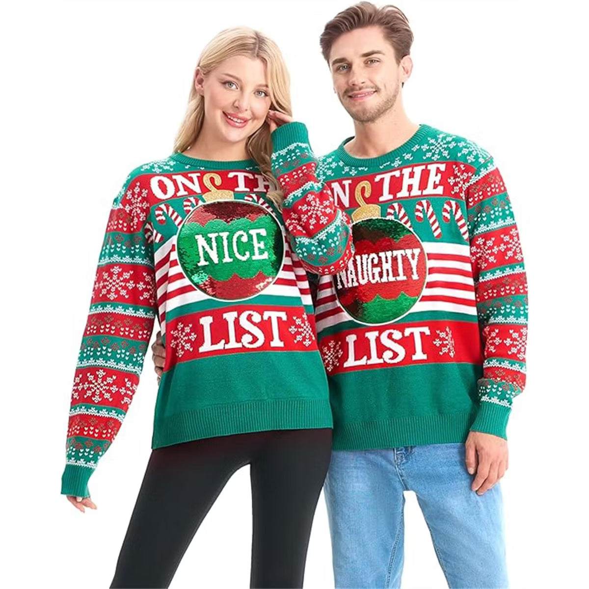 Joyfy Christmas Sweater, Naughty Sequin Christmas Ugly Sweaters for Men, Funny Xmas Pullover Tops- S (Green and White)