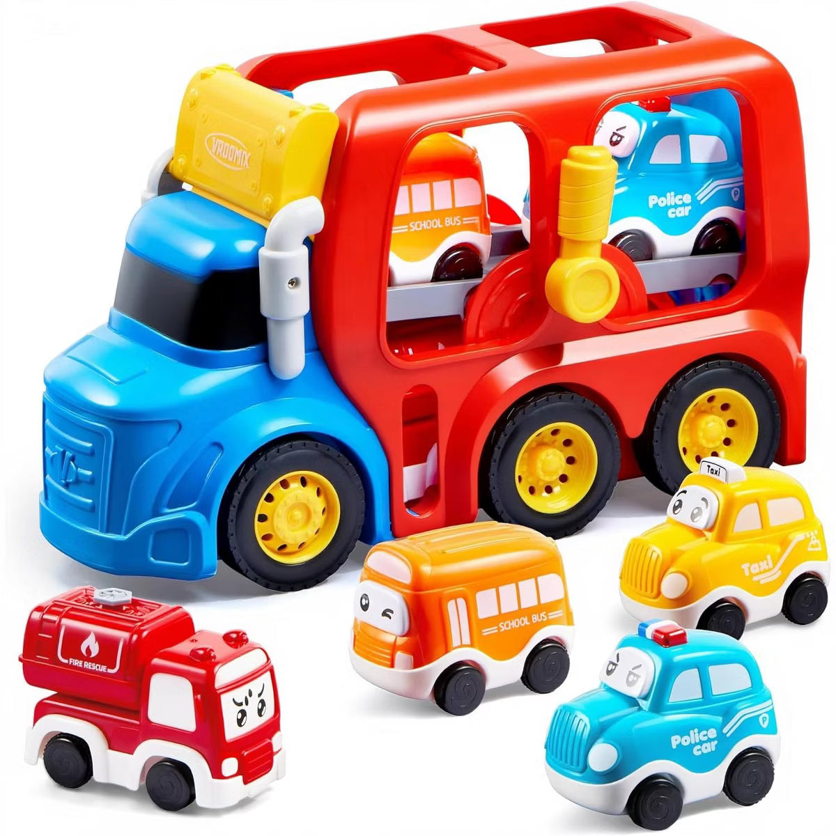 Joyfy 5-in-1 Carrier Truck Toy for Toddlers 2-4, Transport Truck with 4 Mini Cars (School Bus, Taxi, Fire, Police), Educational Gift for Boys Girls