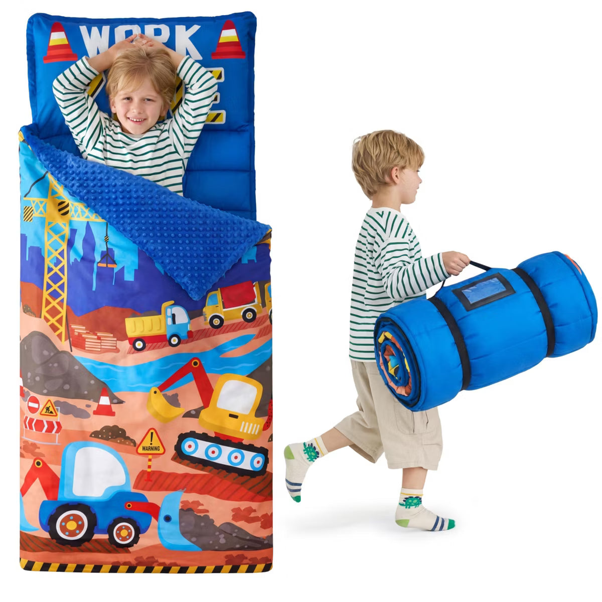 Joyfy 55"x30" Toddler Nap Mat with Removable Pillow/Blanket Kids Sleeping Bag for Boys Girls Age 3-6 Roll Up Soft Preschool Kindergarten Sleepover