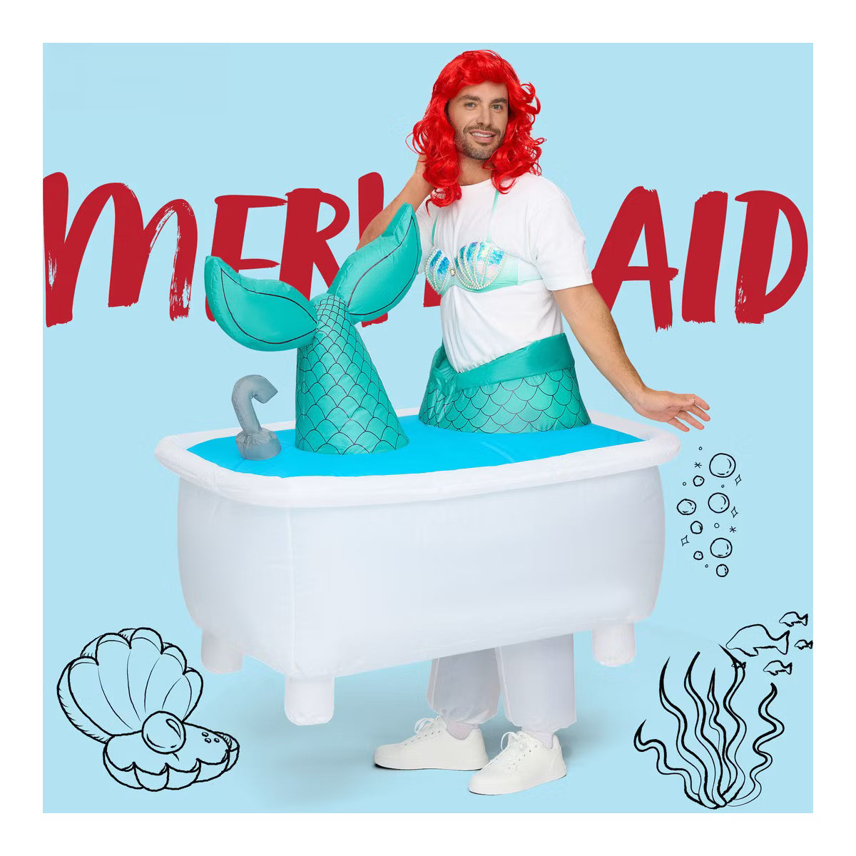 Joyfy Adult Funny Halloween Inflatable Costumes, Mermaid in the Tub Blow-up Costumes for Halloween Themed Cosplay Dress up Party