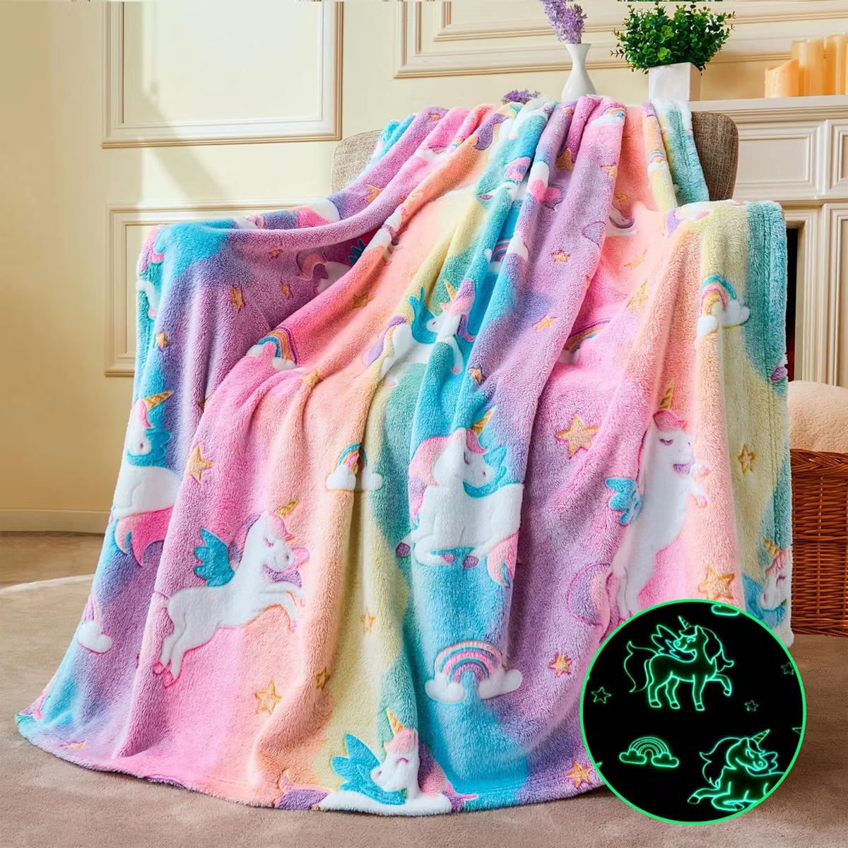 Joyfy Glow in The Dark Blanket 50" x 60" - Ultra Soft & Plush Blanket for Kids Birthday Bedroom Decor, Unicorn Gifts for Girls Boys Age 2 3 4 +