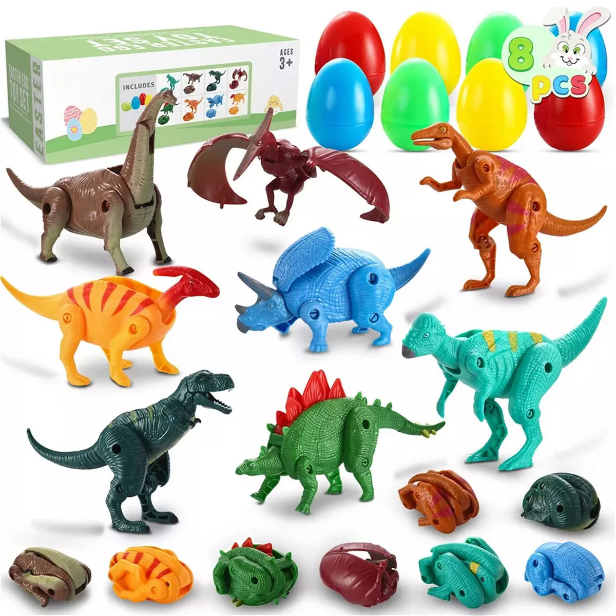 Joyfy 8 Packs 3.5'' Prefilled Easter Eggs with Deformable Transforming Dinosaur for Kids Easter Party Favors, Basket Stuffers, Classroom Prize Rewards