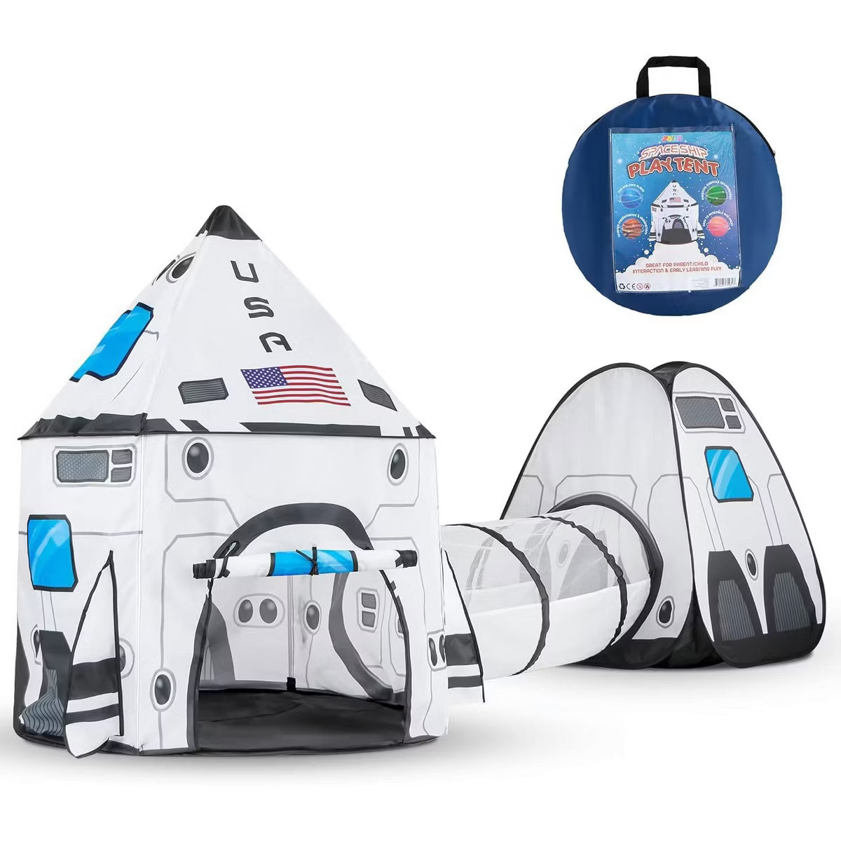 Joyfy Toddler Kids Play Tunnel Tent Indoor Outdoor White Spaceship Pop Up Tent Rocket Ship Playhouse Tent Birthday Christmas Gift For Boy Girl Age 3-8