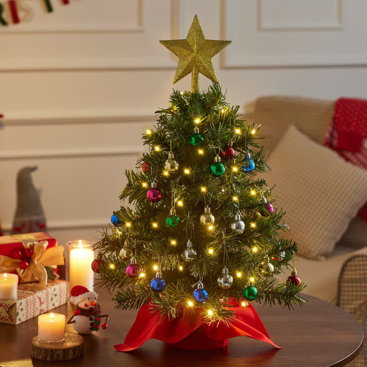 Joyfy Tabletop Christmas Tree 24 Inch Mini Artificial Christmas Tree with 50 LED String Lights, Star Tree for Holiday Indoor DIY Christmas Decor