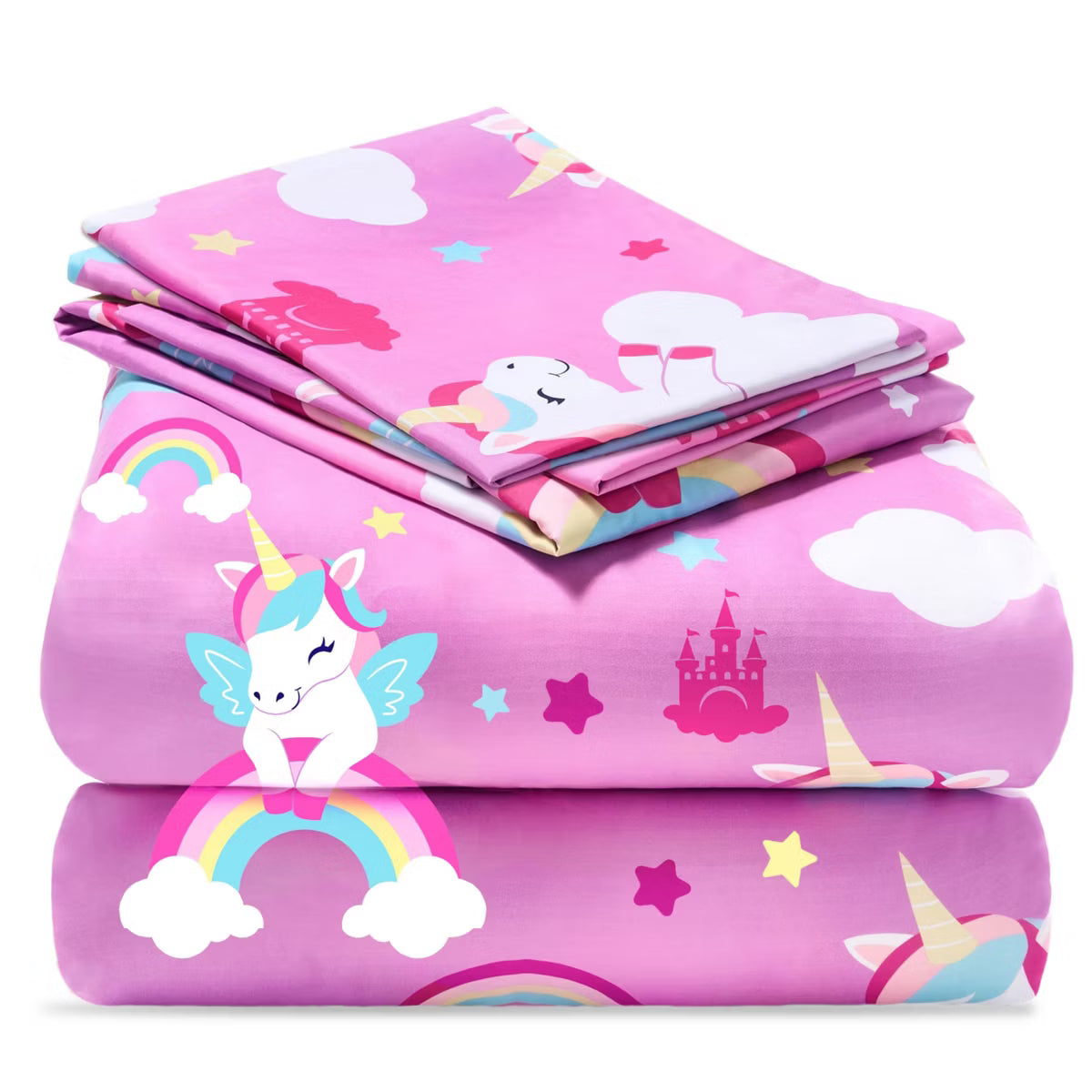 Joyfy 4 Piece Kids Full Sheet Set Purple Unicorn Sheet Set Soft Microfiber Deep Pocket Wrinkle Cozy Toddler Bedding Set, Free Bedding for Boys Girls