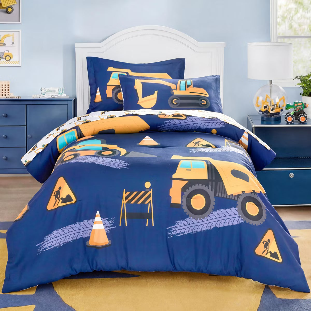 Kid Twin Comforter Set 5 Piece Bedding Set w/Comforter Sheets Pillowcase Sham for Boys Girls Super Soft Microfiber Bed in a Bag (Construction Vehicle)