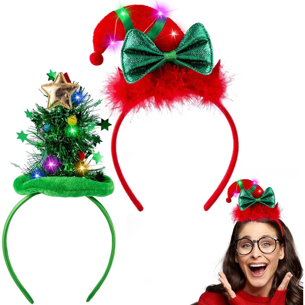 Joyfy 2-Piece Christmas LED Headband Set with Tree and Elf Hat Designs for Holiday Party Decorations