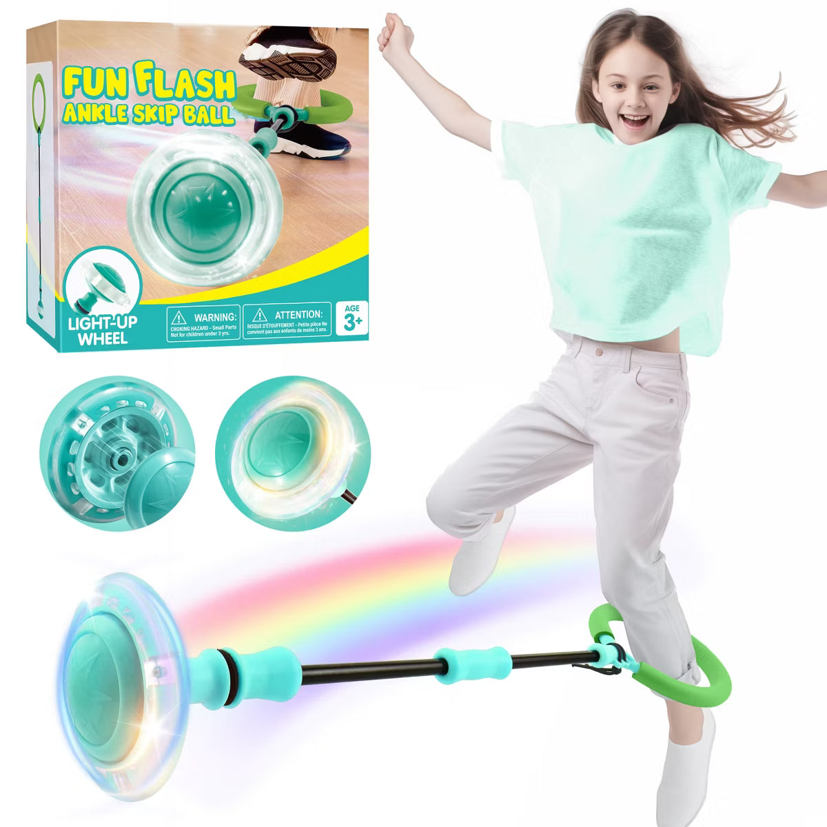Joyfy Green Ankle Skip Ball, Skip Toy for Kids Indoor & Outdoor Play, Flashing Swing Ball Foldable Sports Toy, Birthday Gifts for Kids 3 4 5 +