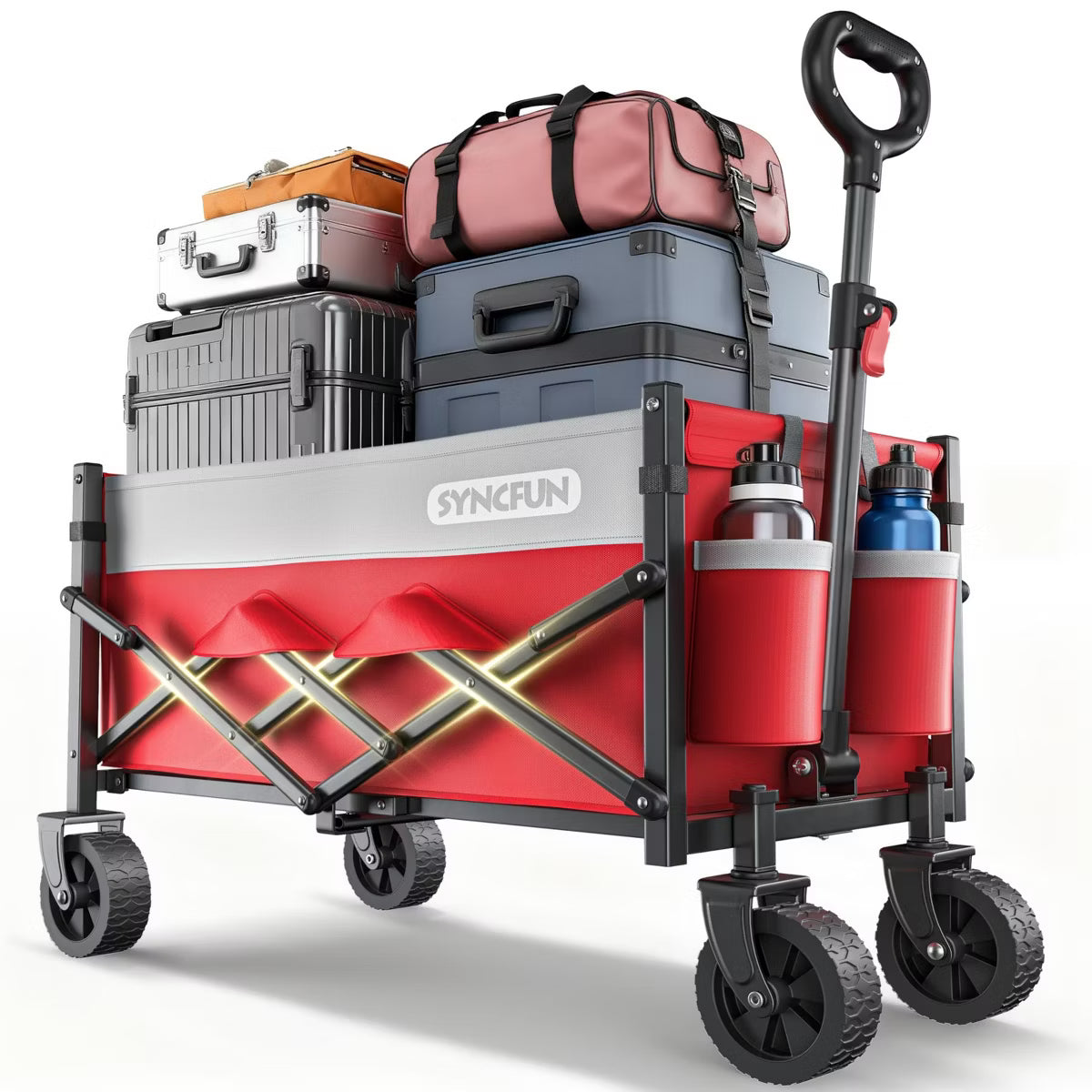 SYNCFUN 300lbs Heavy-Duty Collapsible Wagon Cart, All-Terrain Foldable Utility Cart with Wheels for Beach, Garden, Shopping, Groceries & Fishing, Red