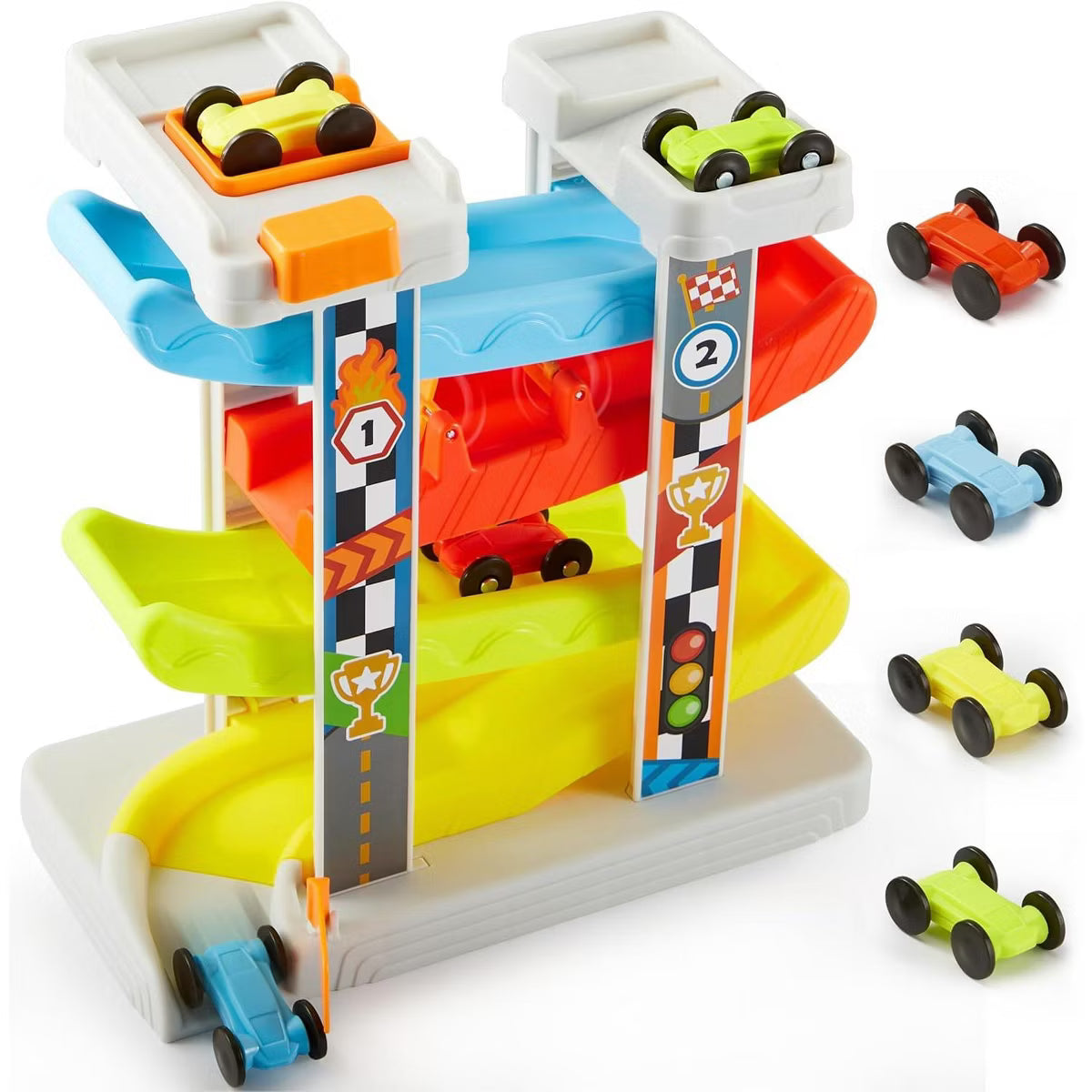 Toddler Toys for 18M+ 2 Year Old Boy Girls, Race Track Car Ramp Toy with 4 Cars and Parking Spaces, Birthday Gifts for Baby Toddlers Indoor Outdoo