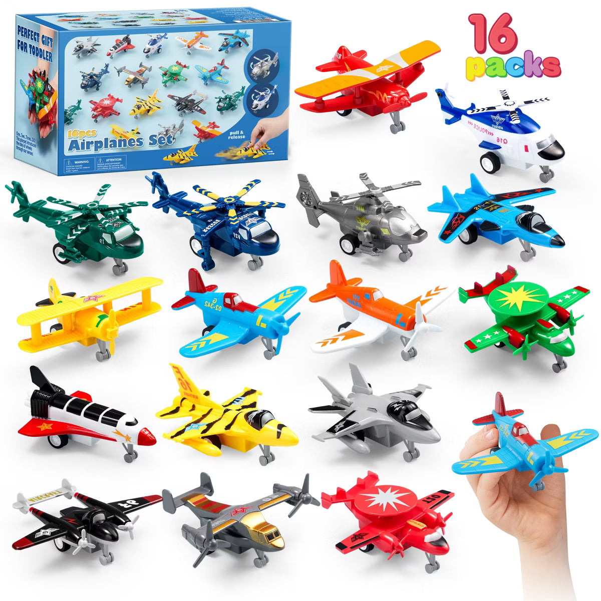 Joyfy 16Pcs Pull Back Airplane Toys,Friction Powered Plane Toys Party Favors for Kids Ages 3+, Birthday Christmas Gifts for Toddlers Ages 3 4 5 6 7 8