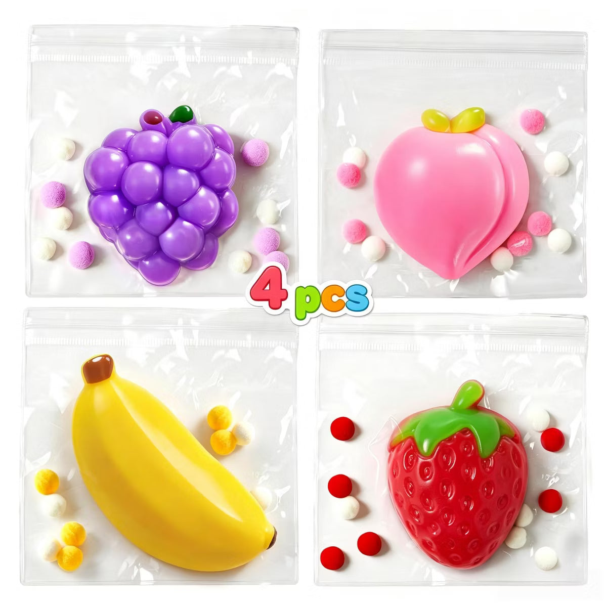 JOYFY 4 Pcs Fruit Taba Squishy Toys, Soft Squeeze Fidgets, Banana, Grape, Strawberry, Peach Fufu Squishy Toys for Kids, Party Favors & Gifts
