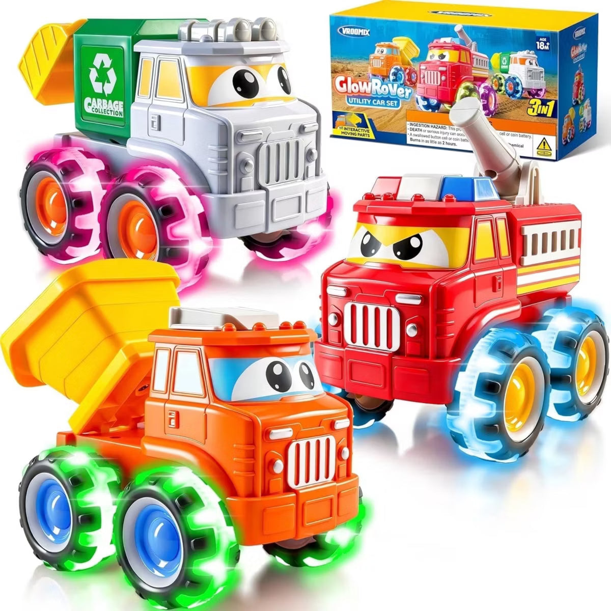 Joyfy 3 Pack City Utility Cars Toys ,trucks for toddlers 2-4 years,LED Light Up Wheels - Garbage Truck, Fire Truck & Construction Truck