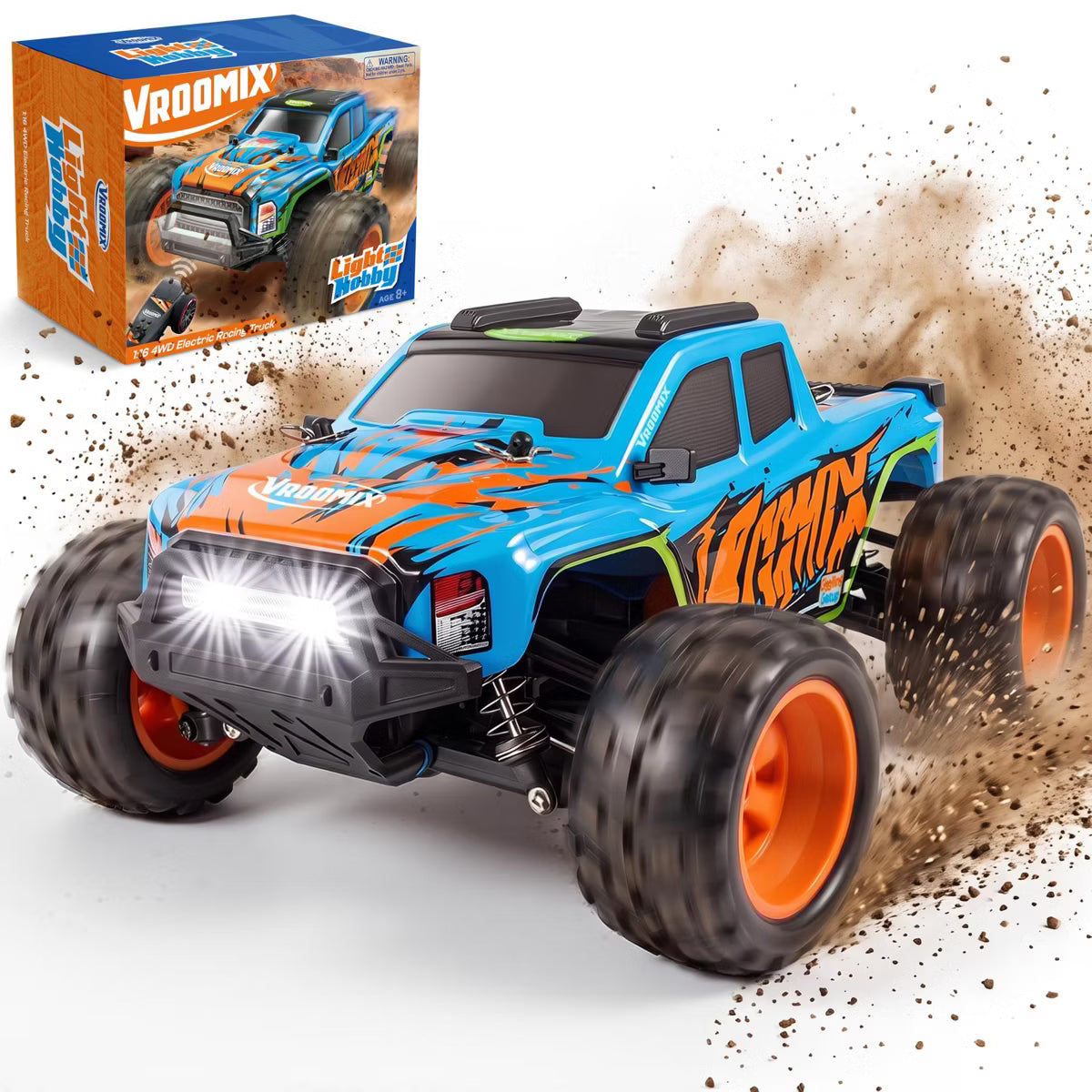 Vroomix 1:16 4WD LED Light‑Up Remote‑Control Monster Truck, 3 Speed Modes, 35‑Min,Up to 28 Mph,160‑Ft Range, Offroad Toy Gift for Boys Ages 8‑12