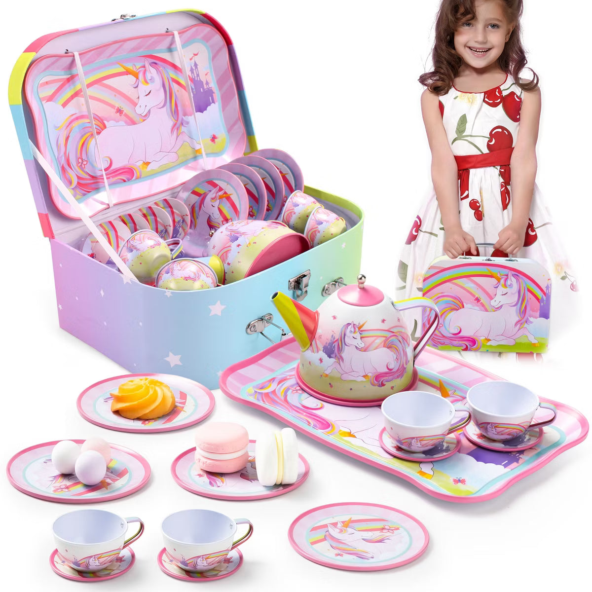 Joyfy Unicorn Tea Party Set for Little Girls Ages 3-6, 15Pcs Pretend Play Kitchen Toys with Teapot Cups, Plates, Storage Case, Birthday Christmas Gift
