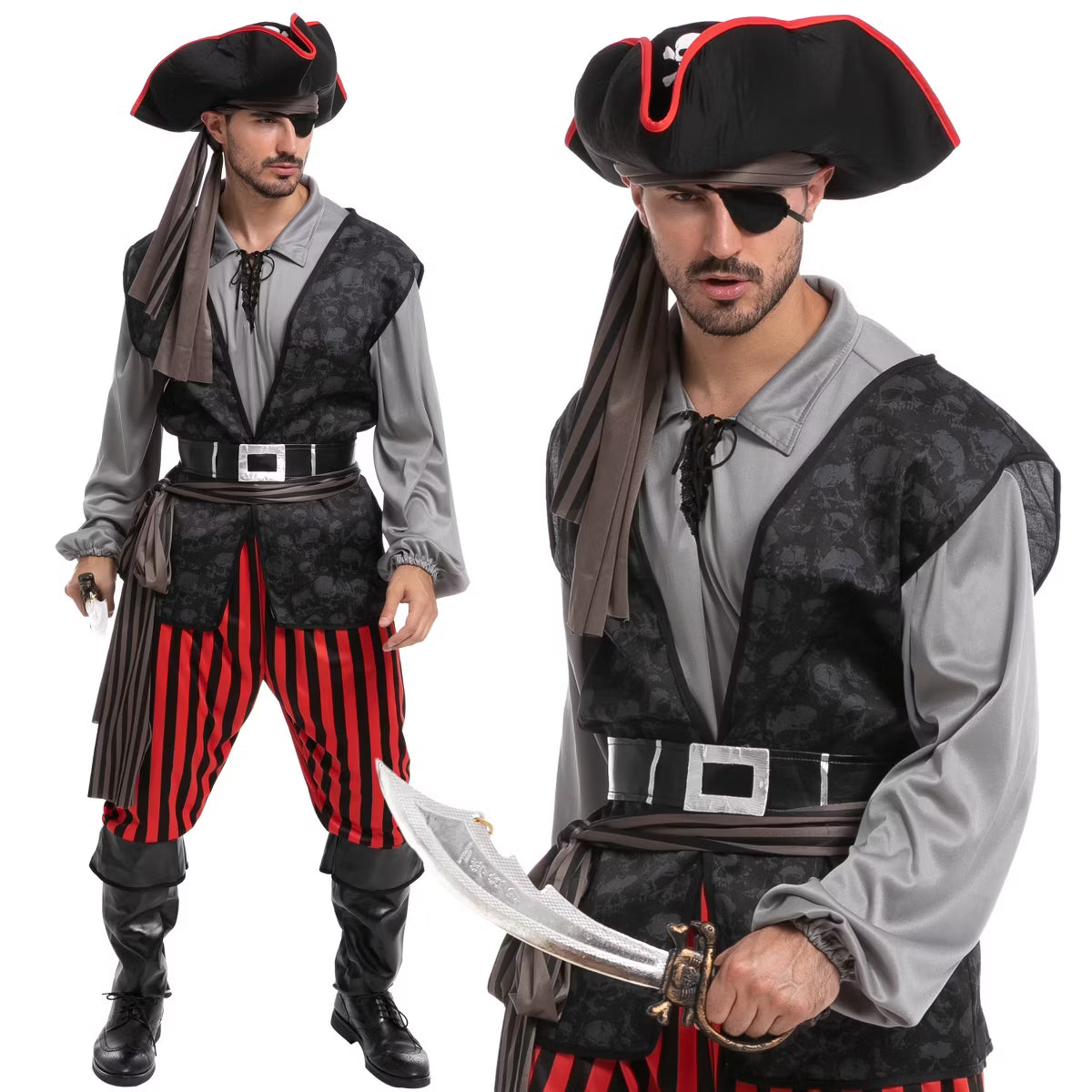 Joyfy Halloween Pirate Costume for Men, Adult Pirate Shirt Vest Viking Pants Hat Set for Halloween Themed Cosplay Parties - Gray XL