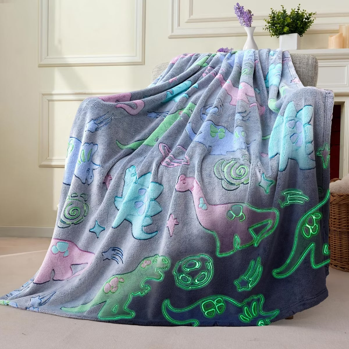 Joyfy Glow in The Dark Blanket 50" x 60"- Ultra Soft & Plush Blanket for Kids Birthday Bedroom Decor, Dinosaur Gifts for Girls Boys Age 2 3 4 +