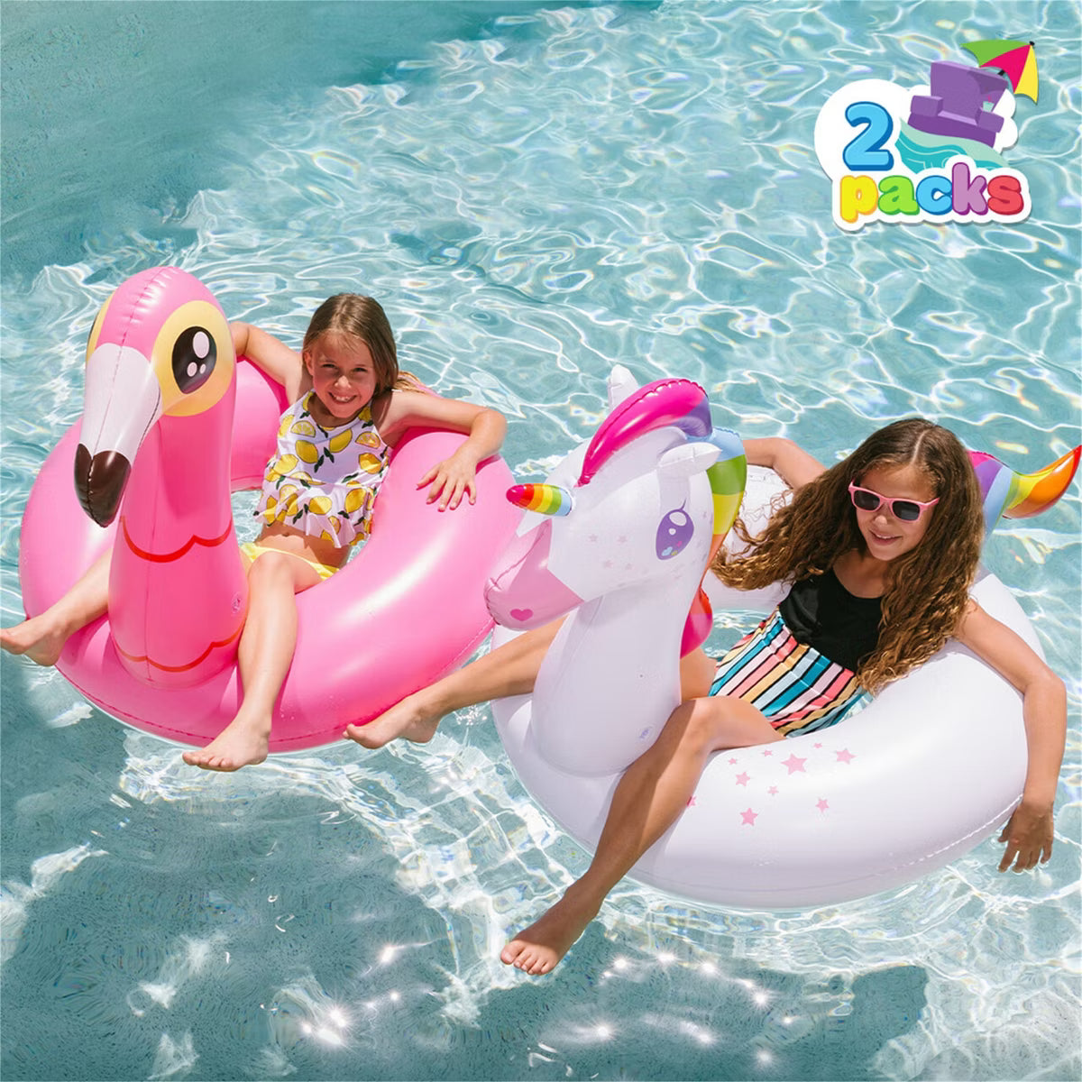 Joyfy 2 Packs Inflatable Pool Float, Flamingo Unicorn Swimming Pool Tubes Toys, Lake Beach Floaty Swim Rings Raft Lounger Summer Party Decoration