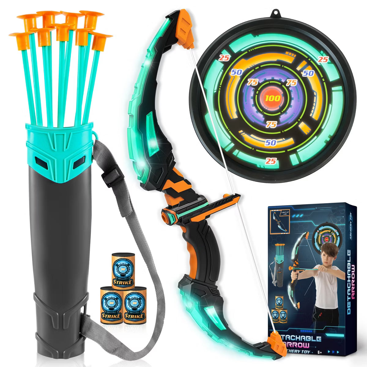 Joyfy Blue Bow and Arrow Set for Kids, LED Light Up Archery Toy Set for Kids Indoor Outdoor Play, Gift for Boys Girls Aged 6+