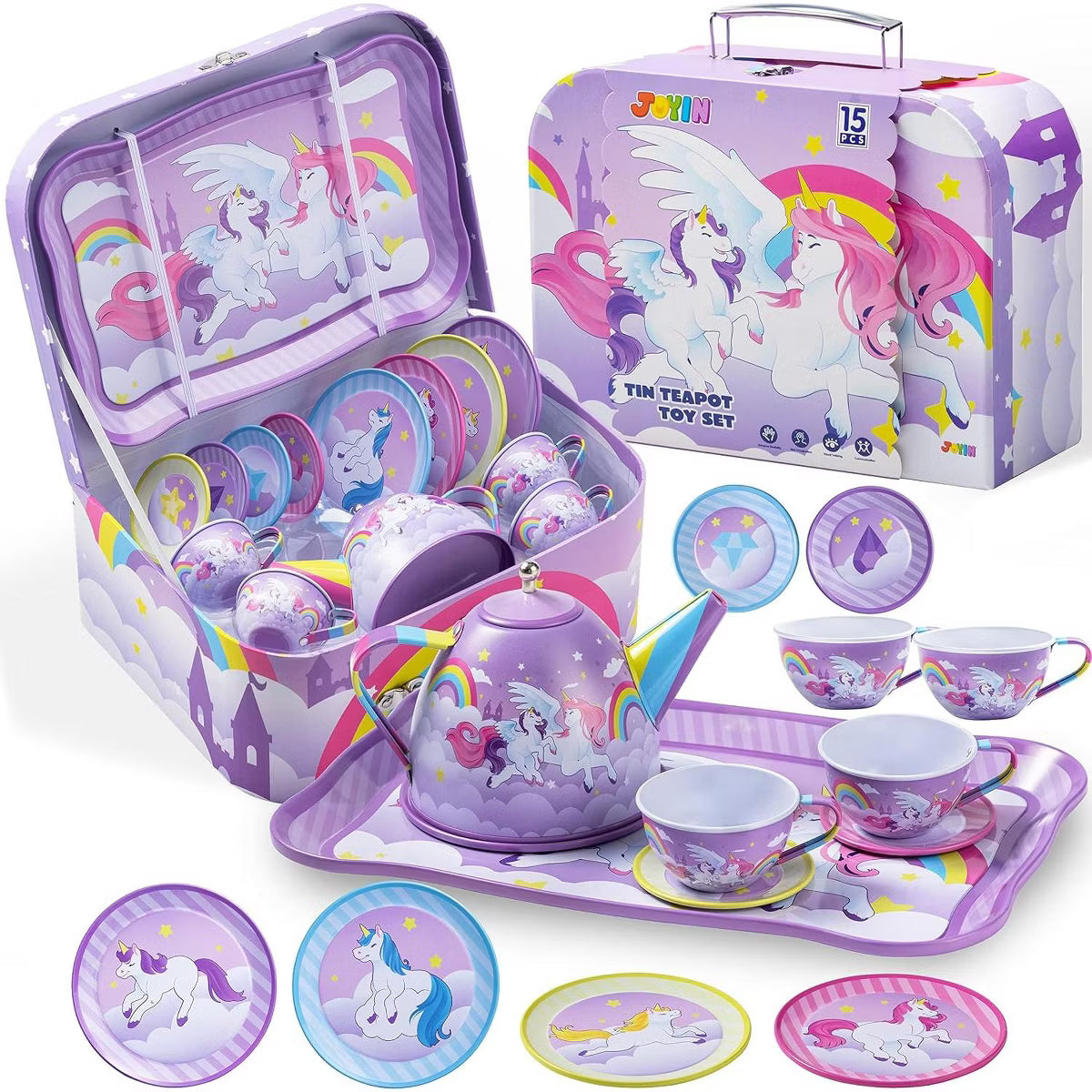 Joyfy 15PCS Unicorn Tea Party Set for Little Girls, Pretend Tin Teapot Set, Princess Tea Time Play Kitchen Toy w/ Case, Birthday Gift for Kids Age 3-6
