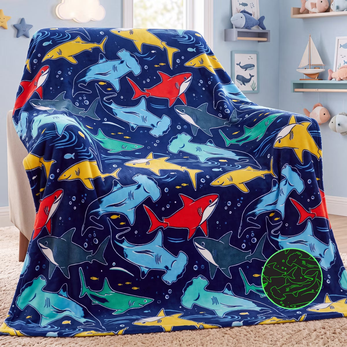Throw Glow in the Dark Flannel Blanket – Blue Shark