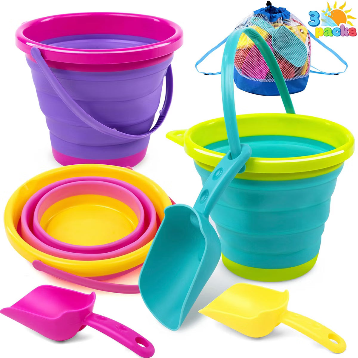 Joyfy 3 Packs Multi Purpose Foldable Sand Buckets, Collapsible Pail Buckets with Shovels & Mesh Bag for Kids Toddlers Summer Party, Camping Gear