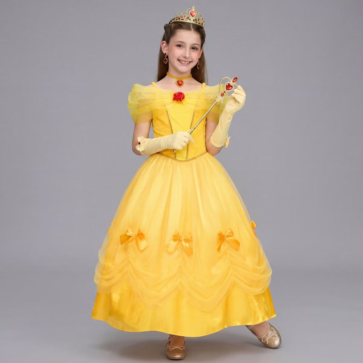 Joyfy Girls' Halloween Costume Yellow Princess Dress for Halloween Dress-Up Cosplay Party - S