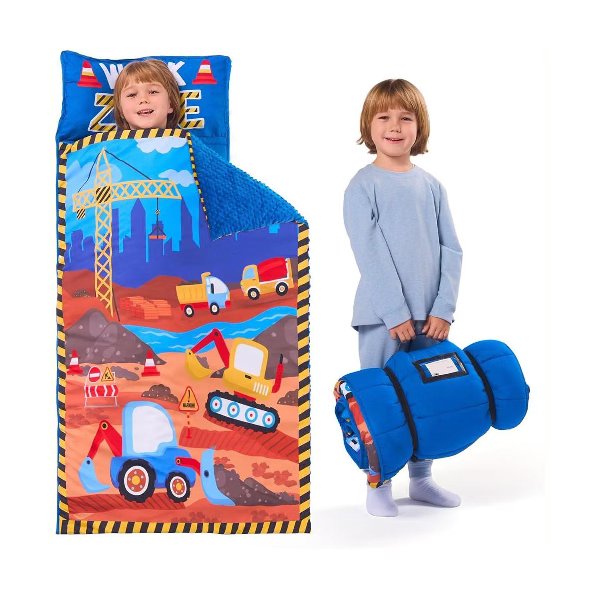 Joyfy Construction Scenes Toddler Nap Mat with Pillow & Blanket- 55''*30'' for Kids Ages 3-5 Years - Kids Roll Up Nap Mat for Preschool & Sleepovers
