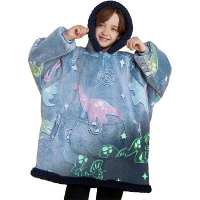 Joyfy Glow in The Dark Dinosaur Wearable Blanket Hoodie for Boys, Oversized Flannel Fleece Sweatshirt Blanket with Giant Pocket & Sleeves for Kids