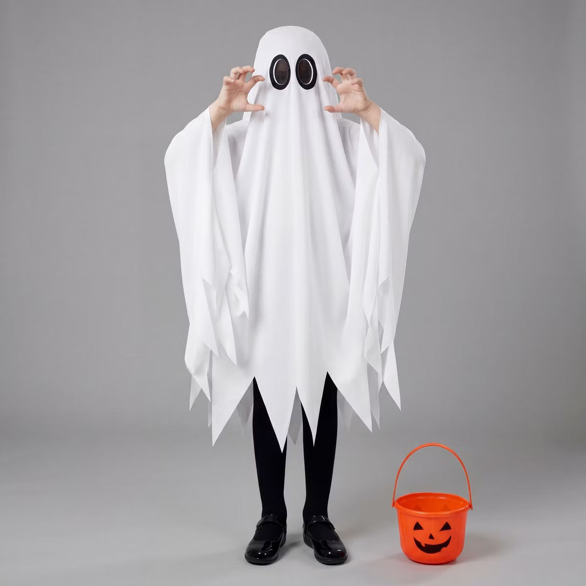 Joyfy Kids' Halloween Costume Ghost Costume, Ghost face Costume with Pumpkin Basket for Child Halloween Cosplay Party, boys' Scary Halloween Costume-M