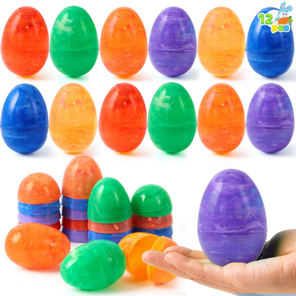 Joyfy 12 Pcs Printed Easter Eggs, 3.15 Inch Colorful Plastic Fillable Eggs for Easter Egg Hunt Basket Stuffers and Toddler Gifts