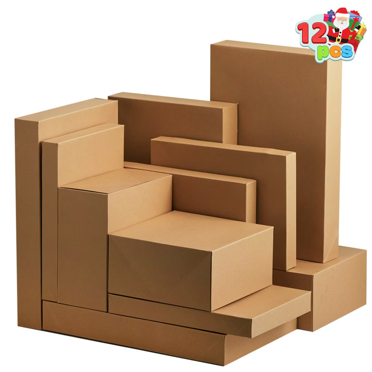 Joyfy 12Pcs Christmas Brown Gift Boxes with Lids, 4 Sizes Shirt Robe Wrapping Box for Xmas Holiday Presents Cupcake DIY Kraft Cardboard Boxes