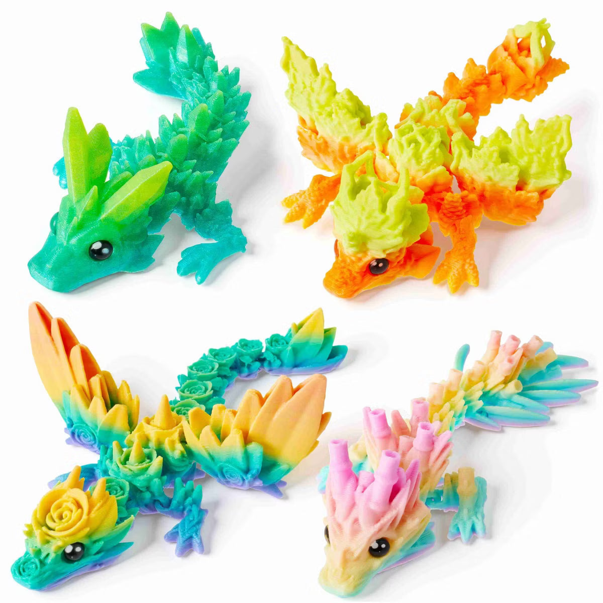 Joyfy 4 Pcs 3D Printed Dragon Flexible Articulated Dragon Fidget Toys Desk Decor, Autism Stress Relief Fidget Toys for Kids Birthday Gift Pinata