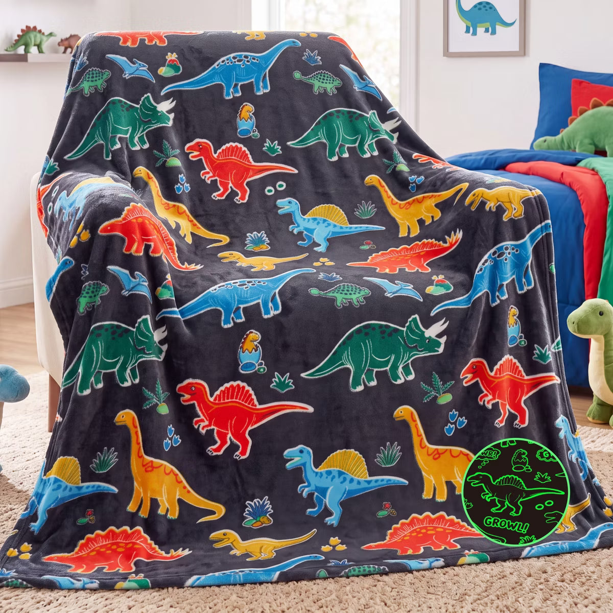 Throw Glow in the Dark Flannel Blanket – Dark Gray Dinosaur