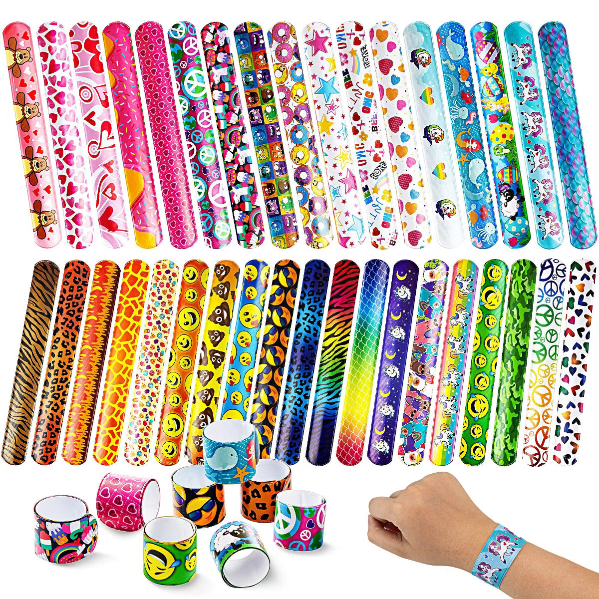 Joyfy 144-Piece Slap Bracelets for Kids with 36 Animal & Friendship Designs, Bulk Wristbands for Party Favors, Classroom Prizes & Birthday Gifts