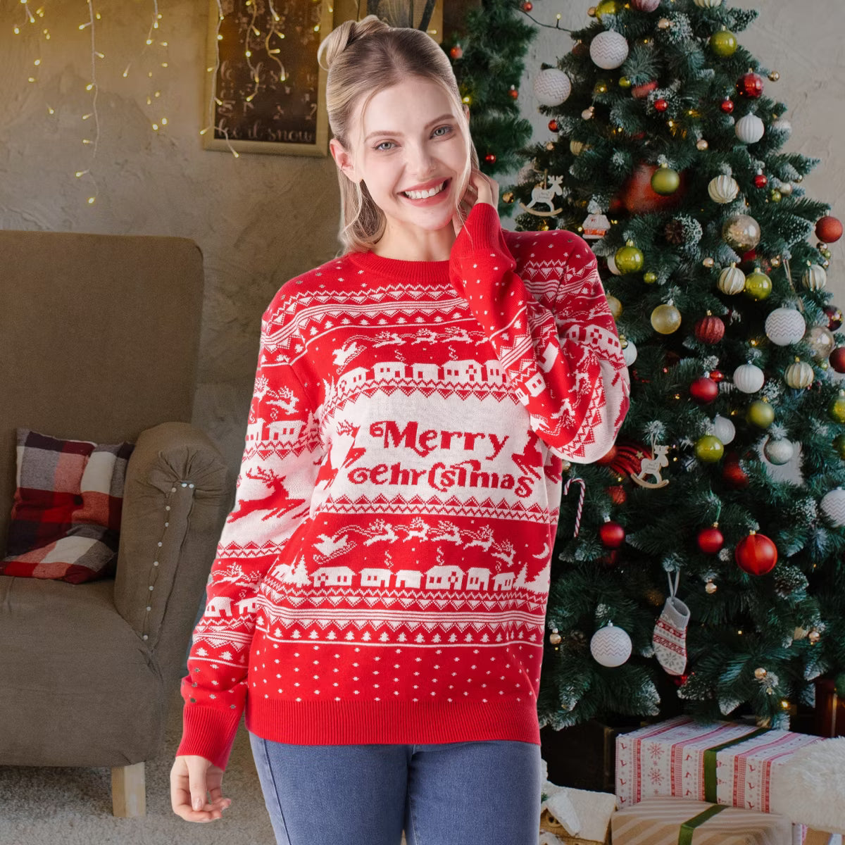 Joyfy Christmas Sweater for Women, Red Family Matching Christmas Ugly Sweater, Cute Long Sleeve Knit Pullover -M