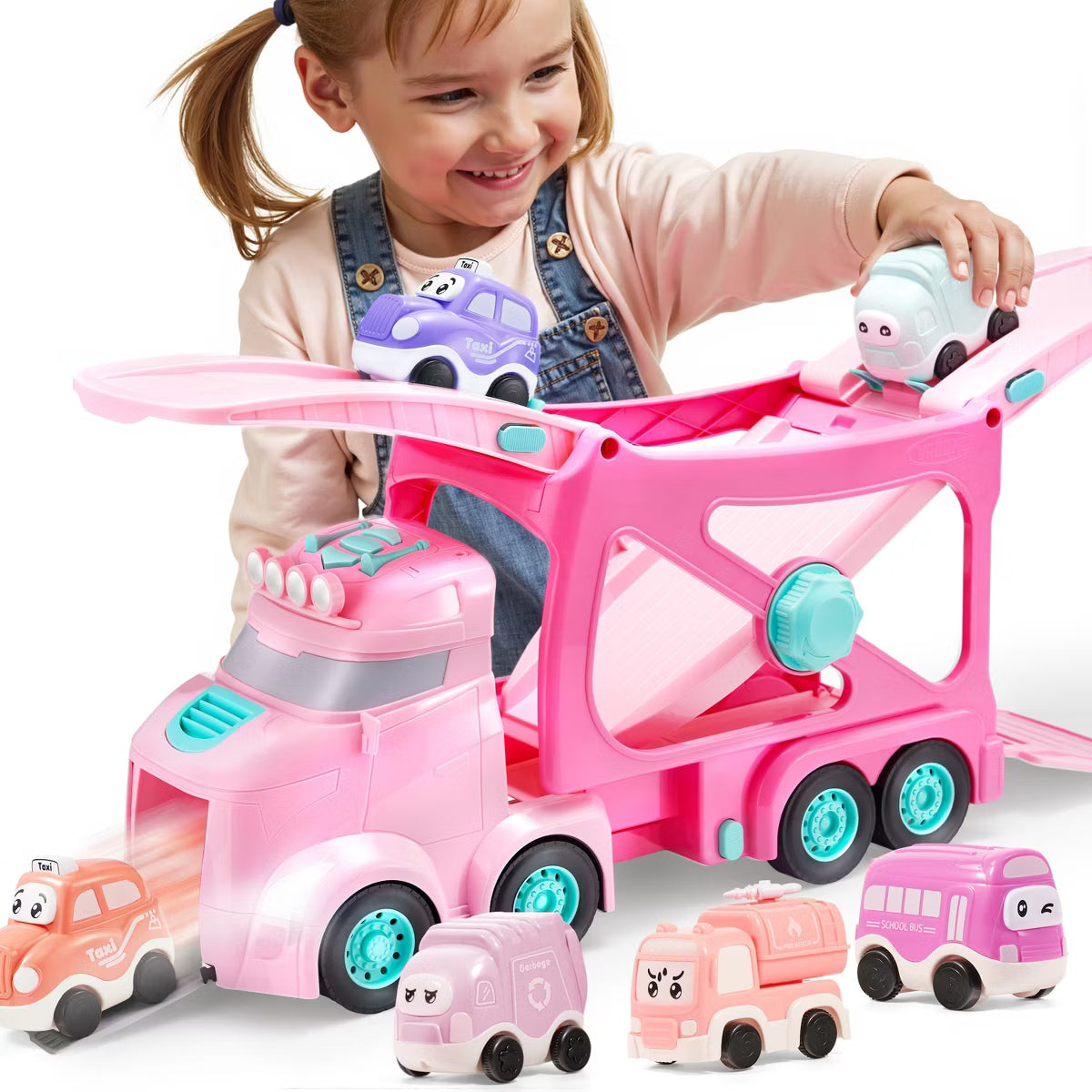 Joyfy Extra Large Princess Carrier Truck for Girls, 3-Layer Transport Toy with 6 Mini Cars, Lights & Siren Sounds, Birthday Gift for Toddlers Age 3+