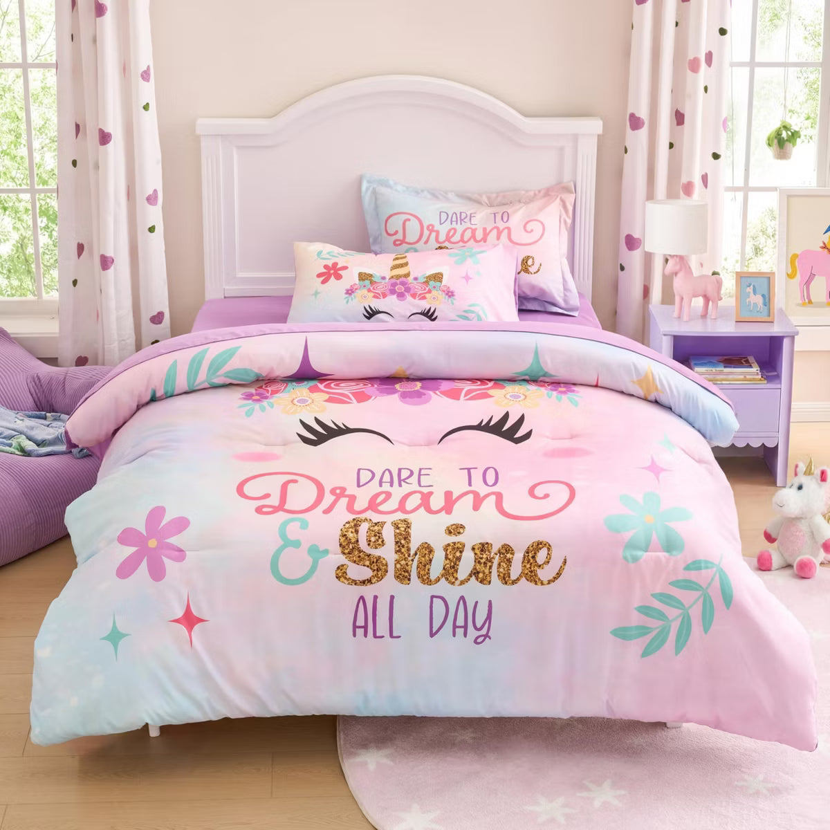 Kid Twin Comforter Set 5 Piece Bedding Set with Comforter Sheets Pillowcase Sham for Boys Girls Super Soft Microfiber Bed in a Bag (Unicorn)