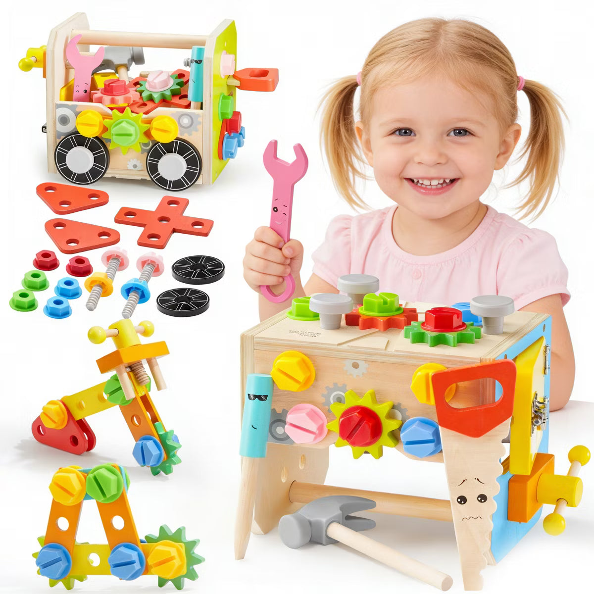 Joyfy 51PCS Wooden Kids Tool Set 3-6 Year Old Toddlers Montessori Toy Educational Learning Toys for Preschool Boy Girl Christmas Birthday Easter Gifts