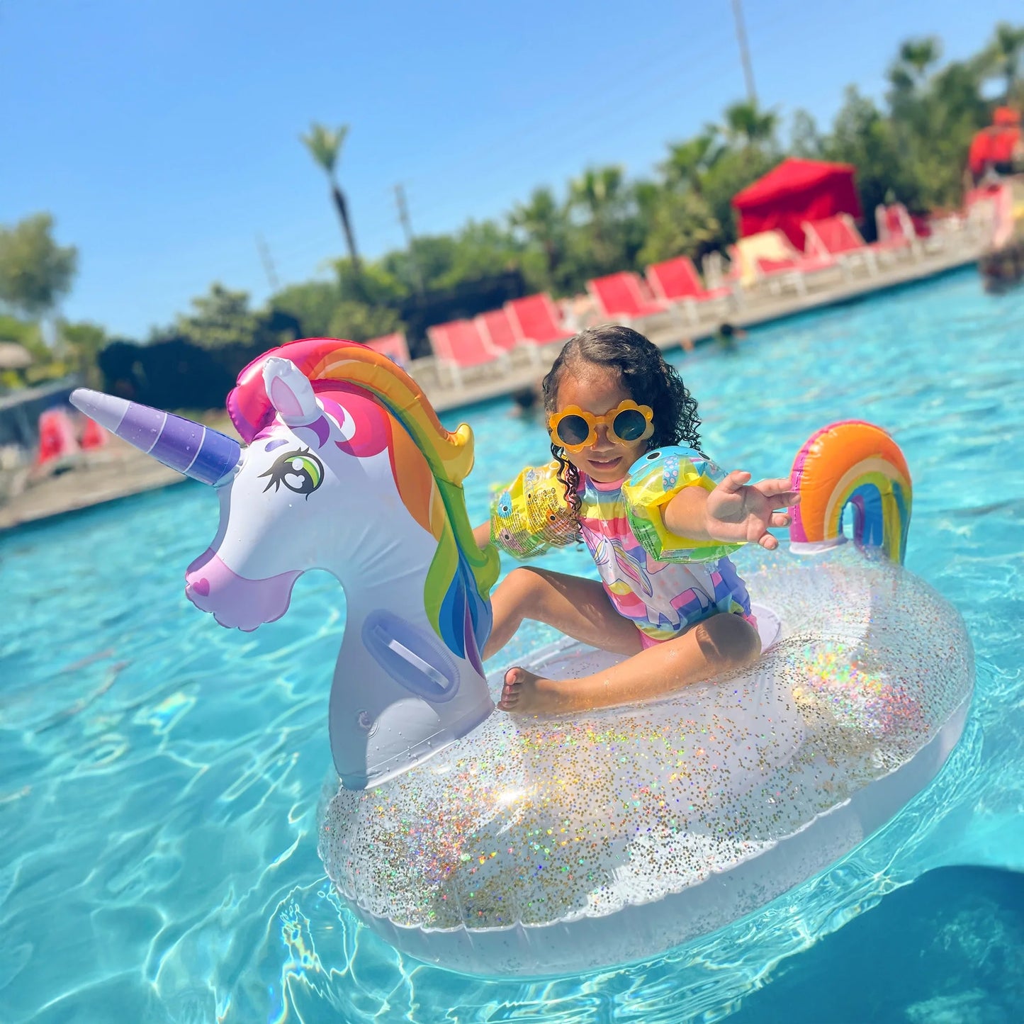 Syncfun Inflatable Unicorn Pool Float Raft with Glitters, Fun Beach Floaties, Ride On Unicorn Raft, Pool Toys, Party in Summer Lounge Raft Decorations for Kids