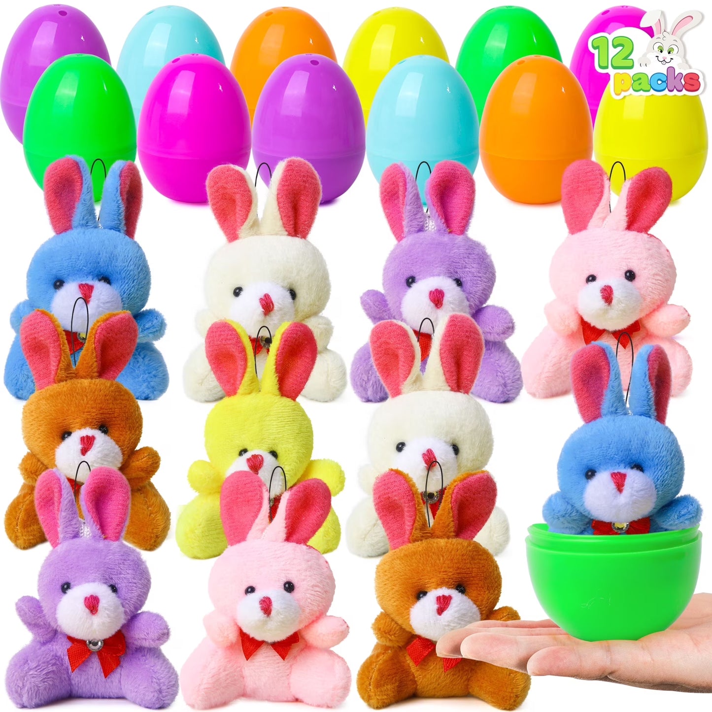 Joyfy 12 Pack Prefilled Easter Eggs with Toys,Easter Eggs with Mini Stuffed Animals Plush Bunny Toys for Kids Toddler,Easter Basket Filler Egg Hunt Filler Stuffer