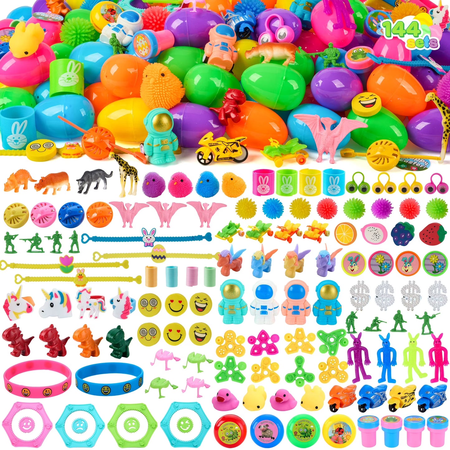 Joyfy 144 Packs Prefilled Easter Egg,Easter Egg with Toys Inside,Easter Basket Stuffers for Kids Easter Basket Classroom Exchange Toddler Boys Girls
