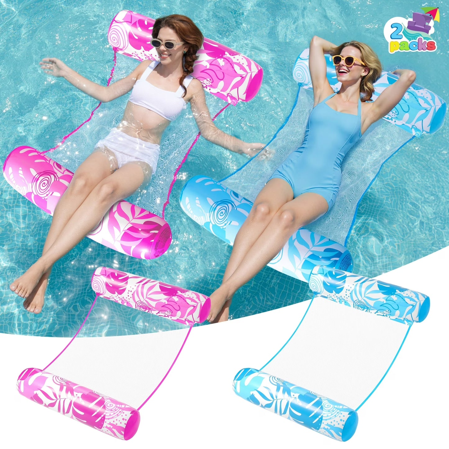 JOYFY 2 Packs Inflatable Pool Float Hammock, 4 in 1 Pool Floaties for Adults, Swimming Pool Accessories Saddle, Lounge Chair, Hammock, Drifter for Pool, Beach, Outdoor